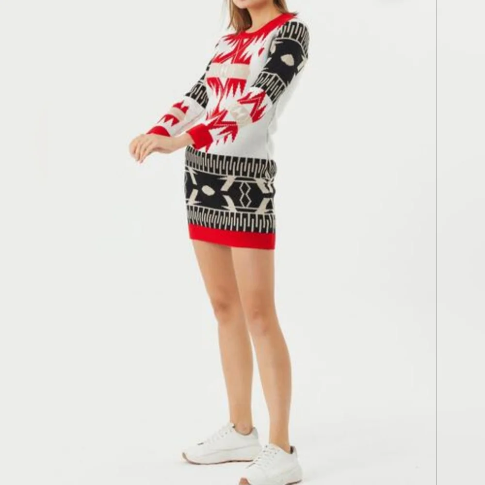 NWT One in a Million Size Small Red White Nordic Long Sleeve Sweater Mini Dress